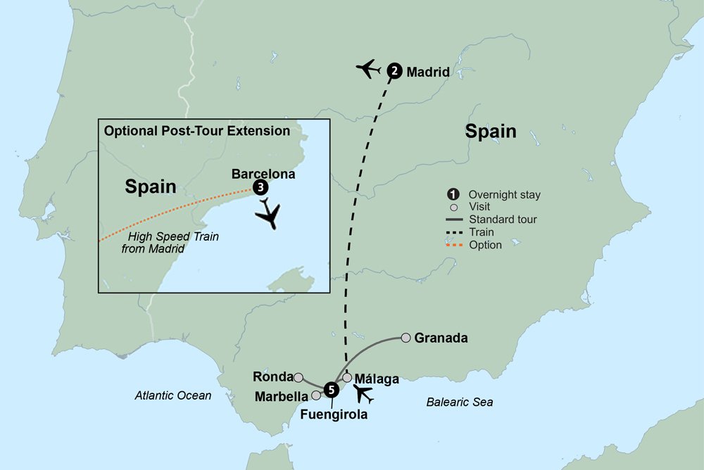 Map of Spain's travel itinerary including Barcelona, Madrid, and other cities.
