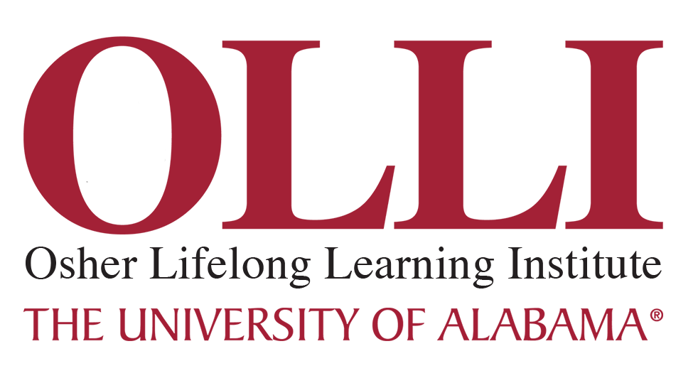 OLLI logo with crimson letters and small letters in black of Osher Lifelong Learning Institute and crimson The University  of Alabama