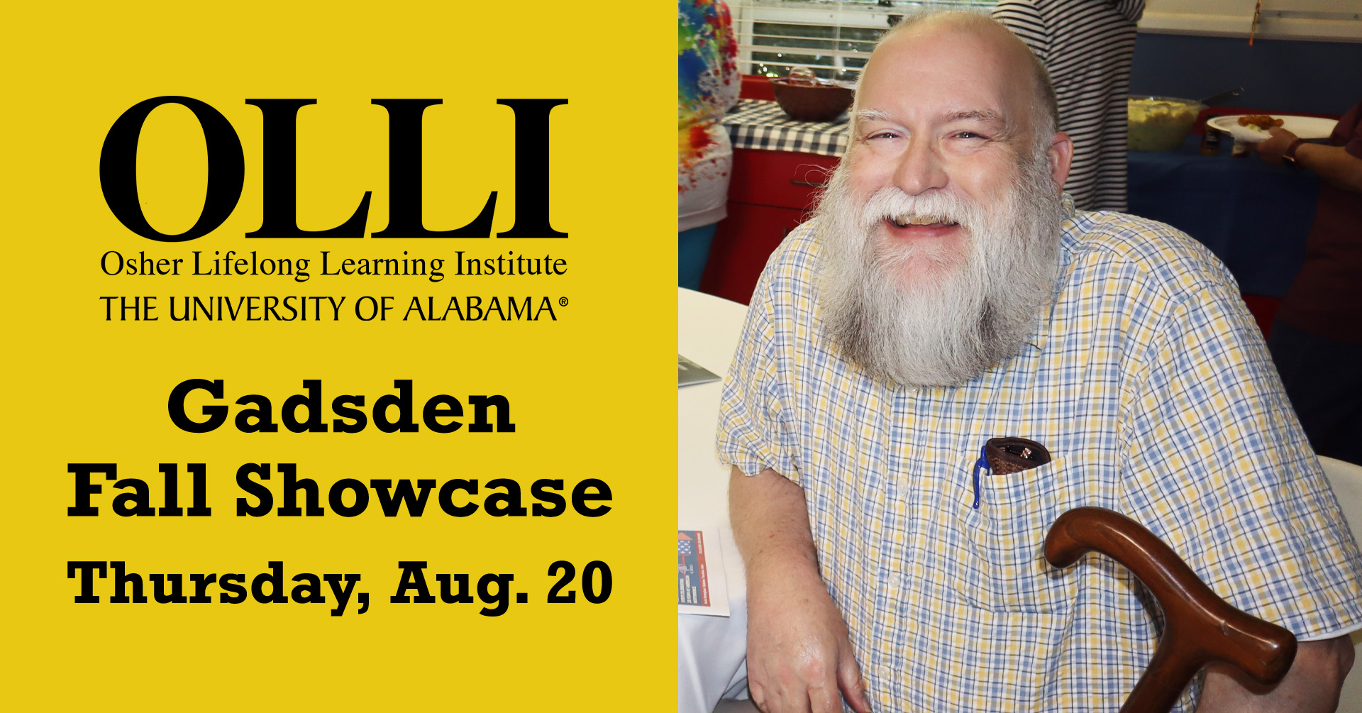 Man sitting with a smile and a gray beard with Golden block with black OLLI letters and Gadsden Fall showcase Thursday, Aug. 20